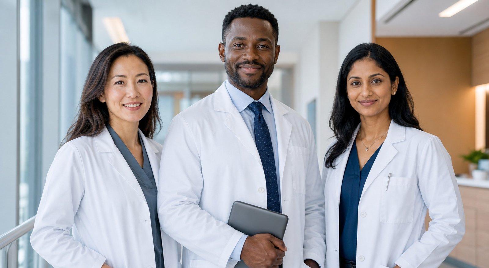Three diverse physicians standing together in a bright healthcare setting